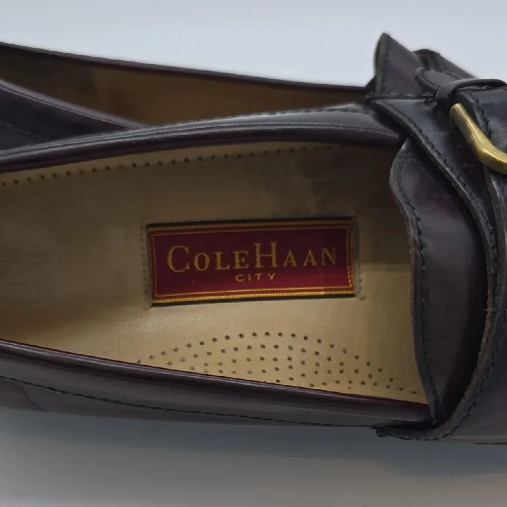 Cole Haan Burgundy Leather Kiltie Loafers with Gold Buckle Accent
